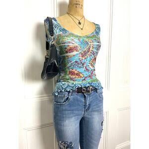 Live and let live Bohochic multicolor retro print rank with studded neckline